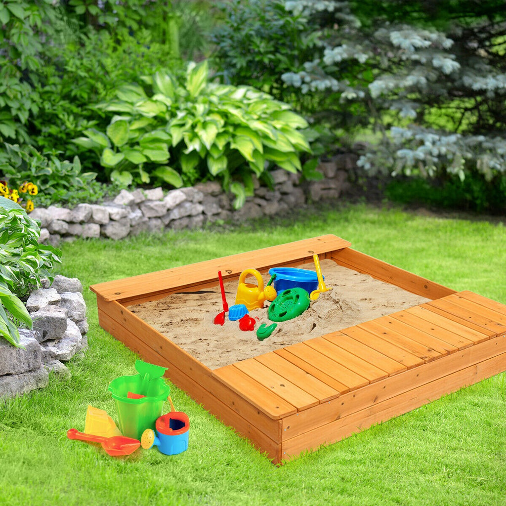 Kids Wooden Sandbox with Bench Seats & Storage Boxes - costzon