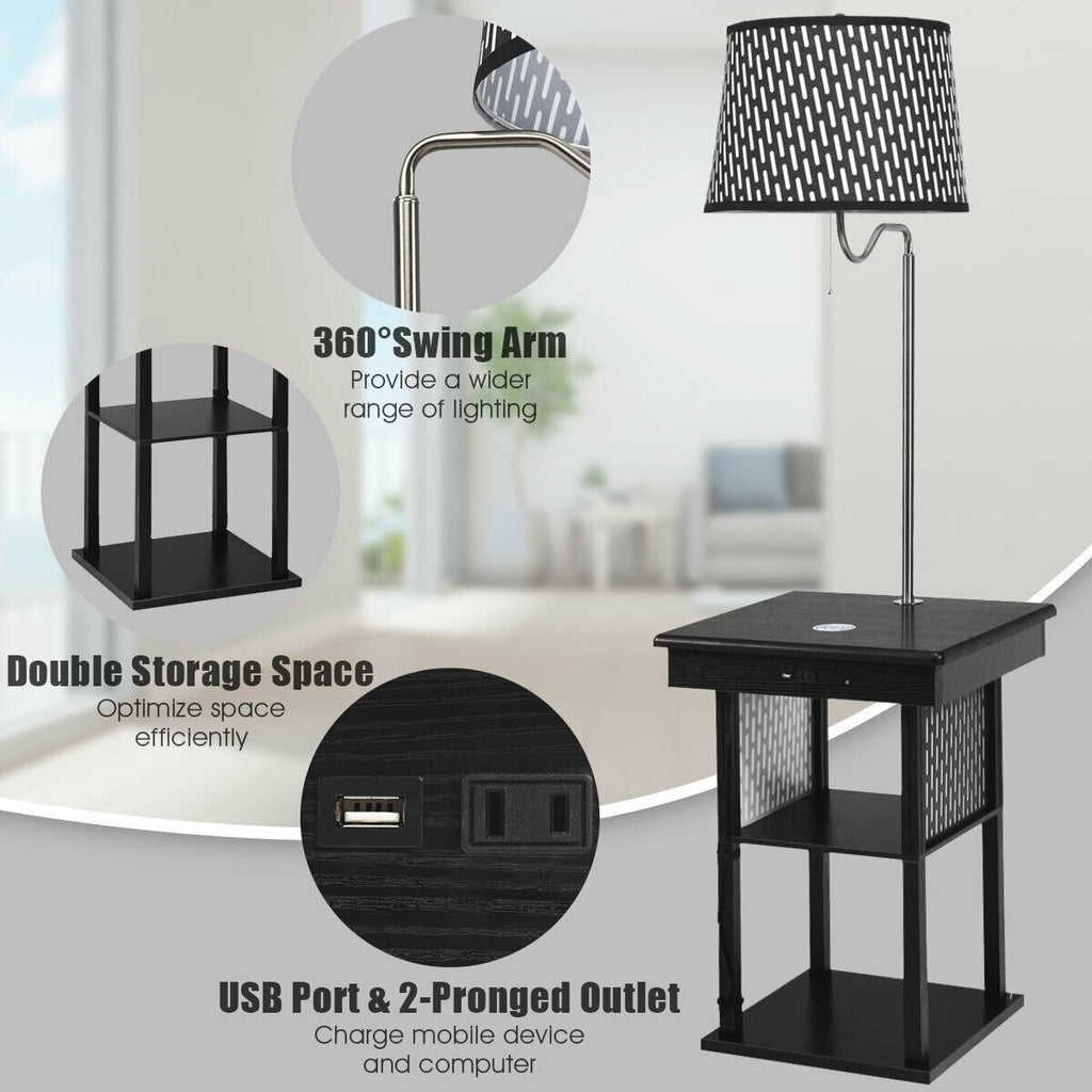 Floor Lamp, Swing Arm Lamp w/Shade Built in End Table Includes 2 USB Ports (Black Shade) - costzon