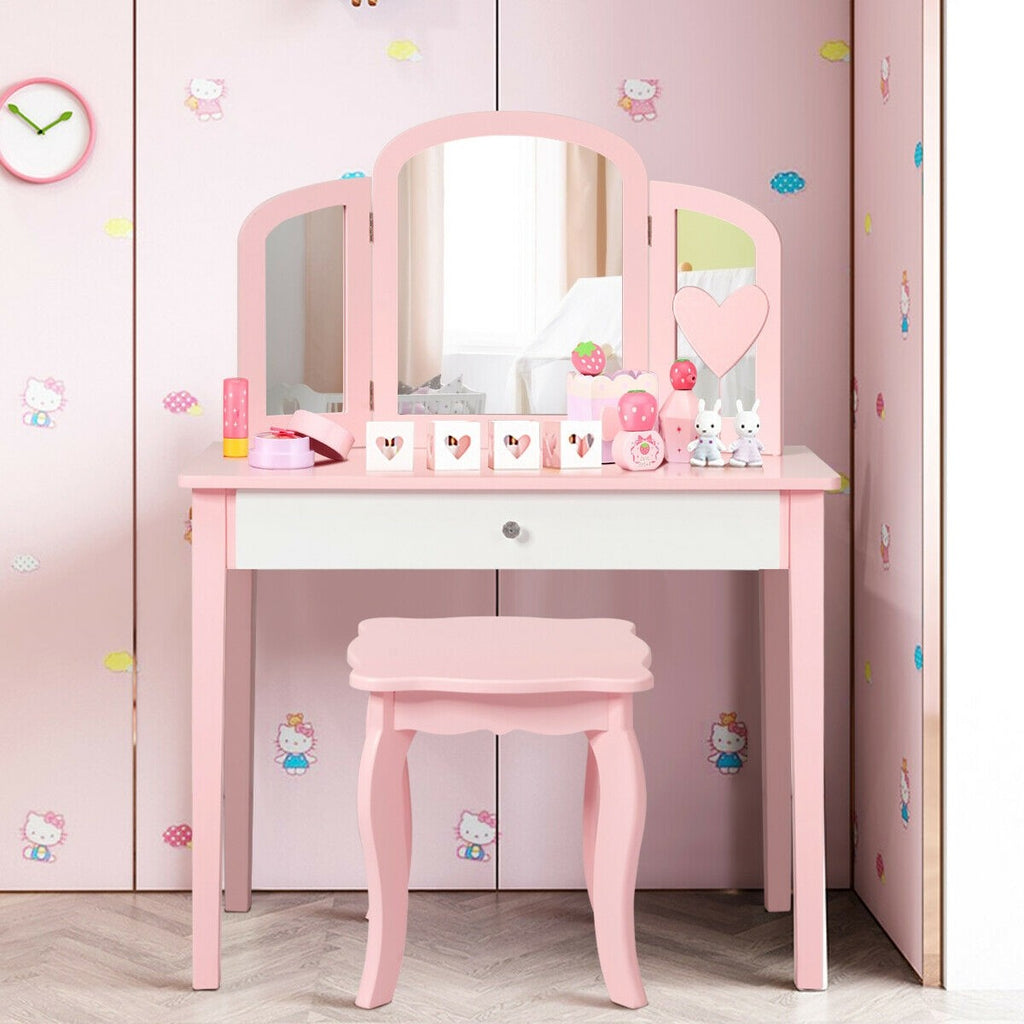 Costzon Kids Vanity Table, 2-in-1 Vanity Set with Detachable Top, Pretend Beauty Play Vanity Set for Girls - costzon