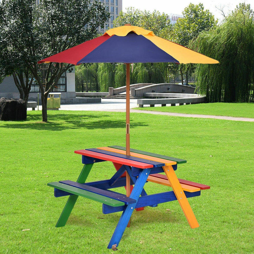 Kids Picnic Table Set, Wood Table and Bench Set with Removable & Foldable Umbrella - costzon