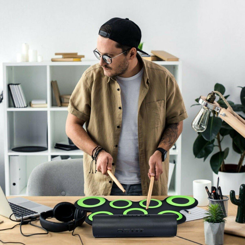 Costzon 7 Pads Electronic Drum Set, Portable Roll up MIDI Drum Practice Pad w/ Headphone (Green + Black) - costzon
