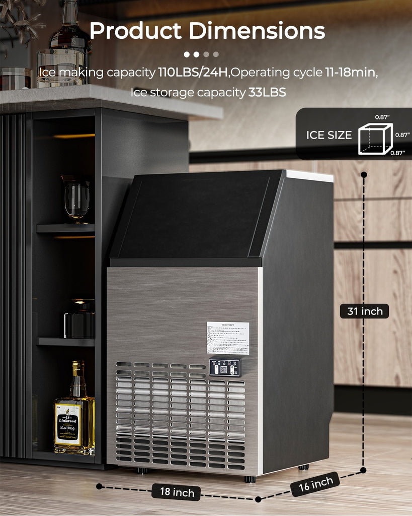 Costzon Commercial Ice Maker, Built-In Stainless Steel Ice Maker, 110LBS/24H, 33LBS Storage Capacity (Silver) - costzon