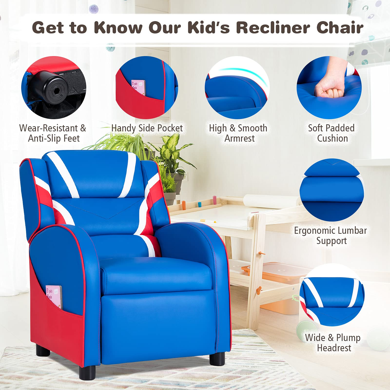 Costzon Kids Recliner, Gaming Recliner Chair w/Side Pockets