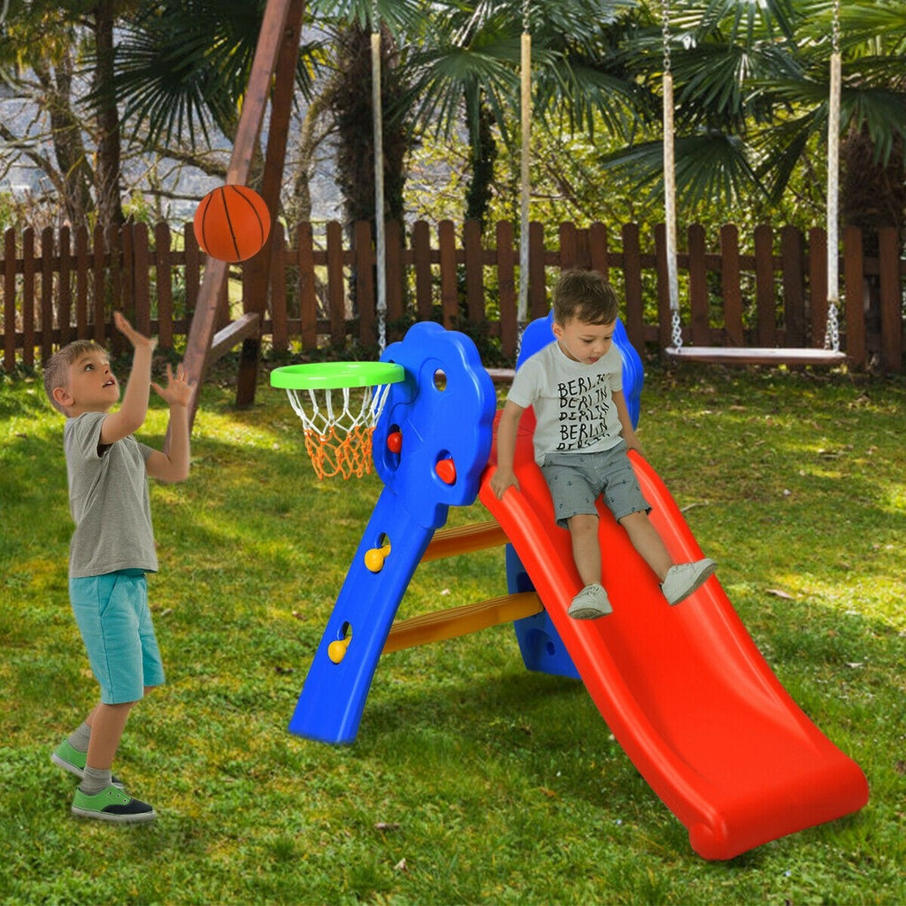 Baby Joy Folding Slide, Plastic Play Slide Climber Kids (Floral Rail +Basketball Hoop) - costzon