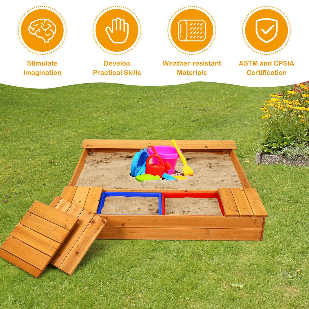 Kids Wooden Sandbox with Bench Seats & Storage Boxes - costzon