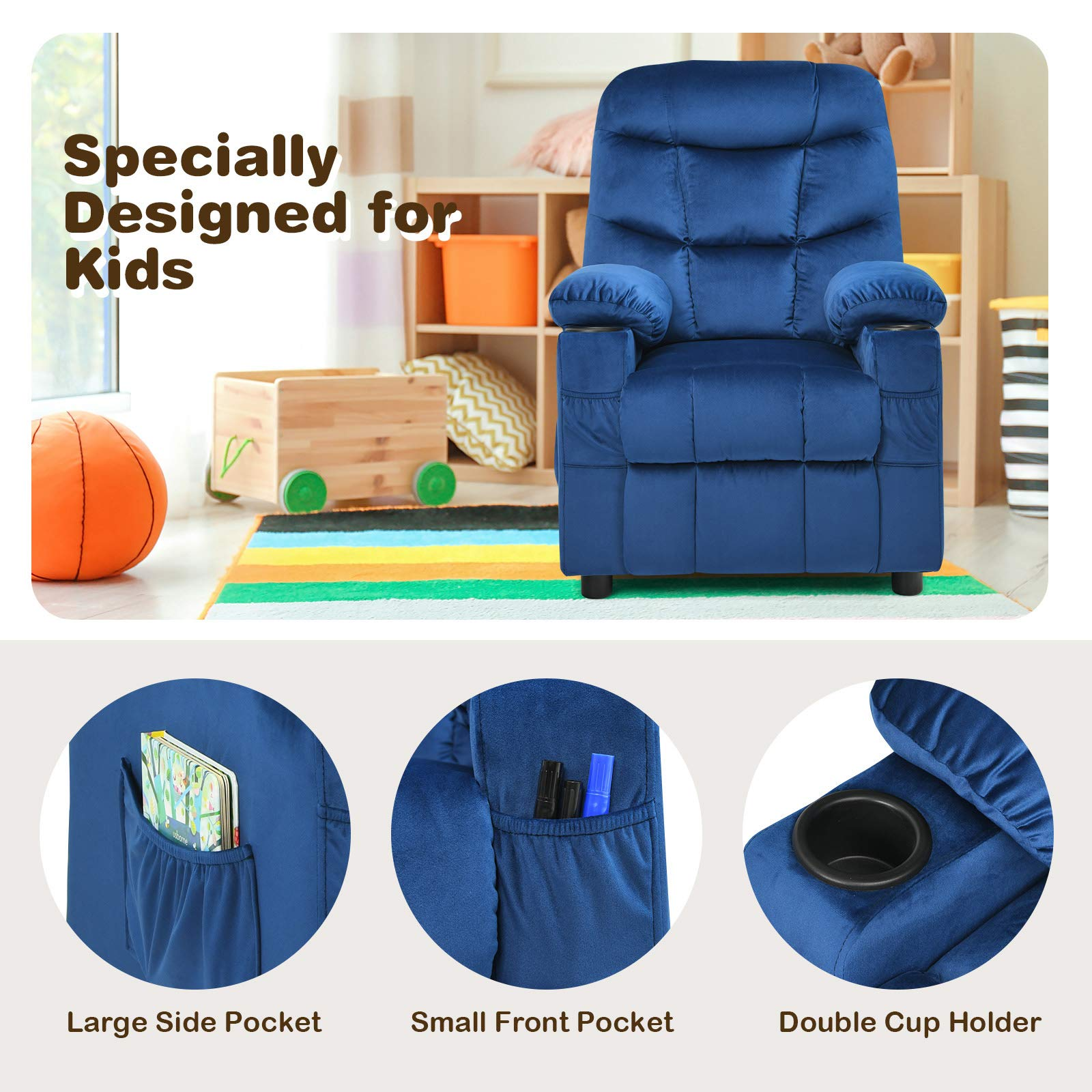 Kids Recliner Chair with Side Pockets and Footrest Blue