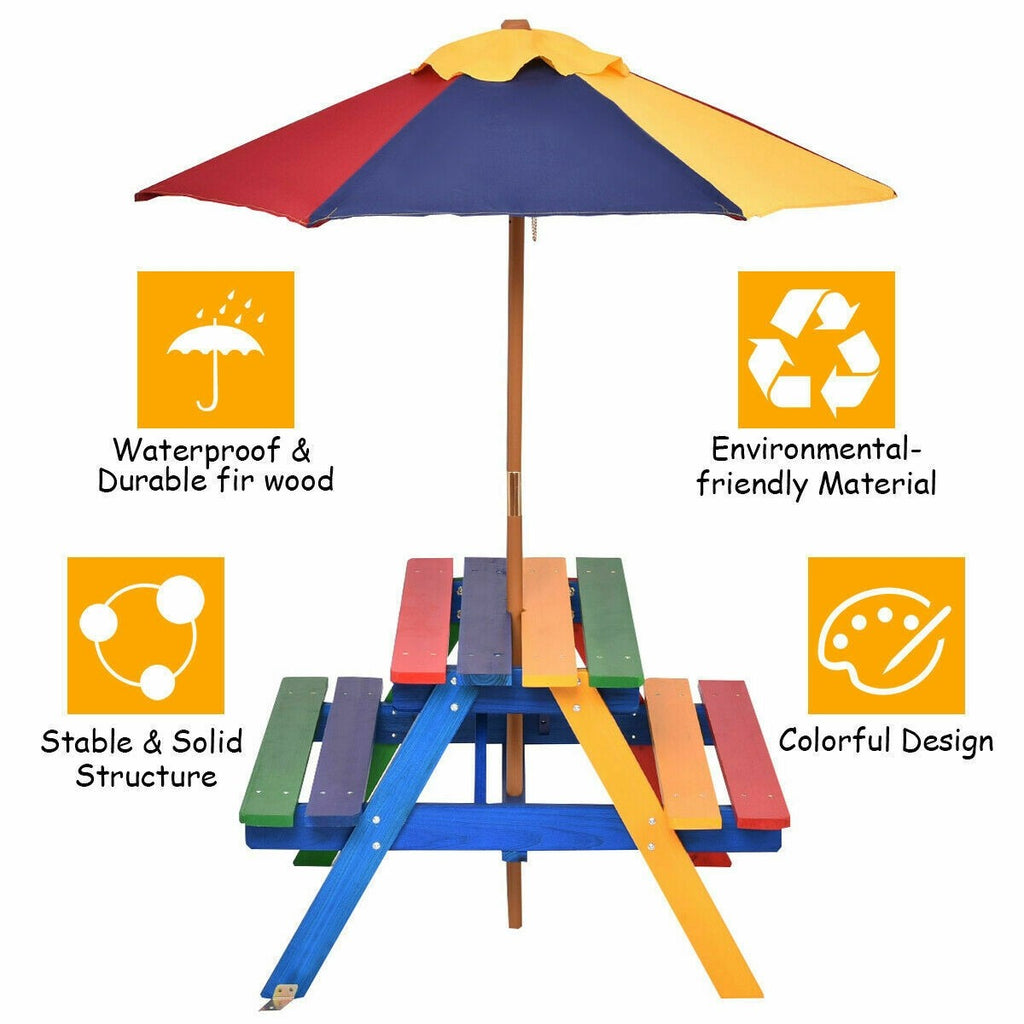 Kids Picnic Table Set, Wood Table and Bench Set with Removable & Foldable Umbrella - costzon