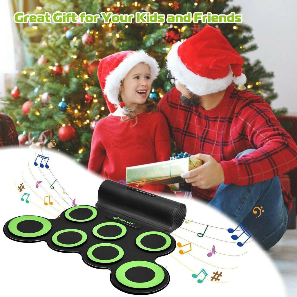 Costzon 7 Pads Electronic Drum Set, Portable Roll up MIDI Drum Practice Pad w/ Headphone (Green + Black) - costzon
