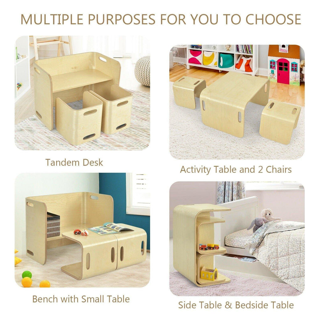 Costzon Kids Table and Chair Set, 4 in 1 Wood Activity Table, Bench, Storage Shelves - costzon