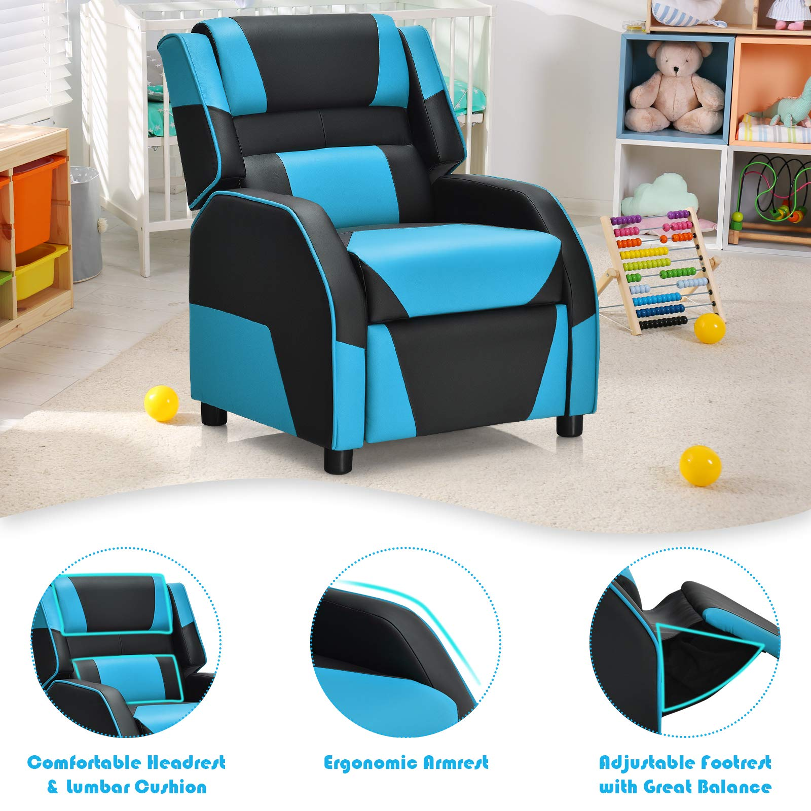 Costzon Kids Recliner, Gaming Recliner Chair w/Side Pockets, Footrest,  Headrest & Lumbar Support for Kids Room & Play Room, Adjustable Racing  Style Leather Sofa for Children Boys Girls (Blue, Black) – Built