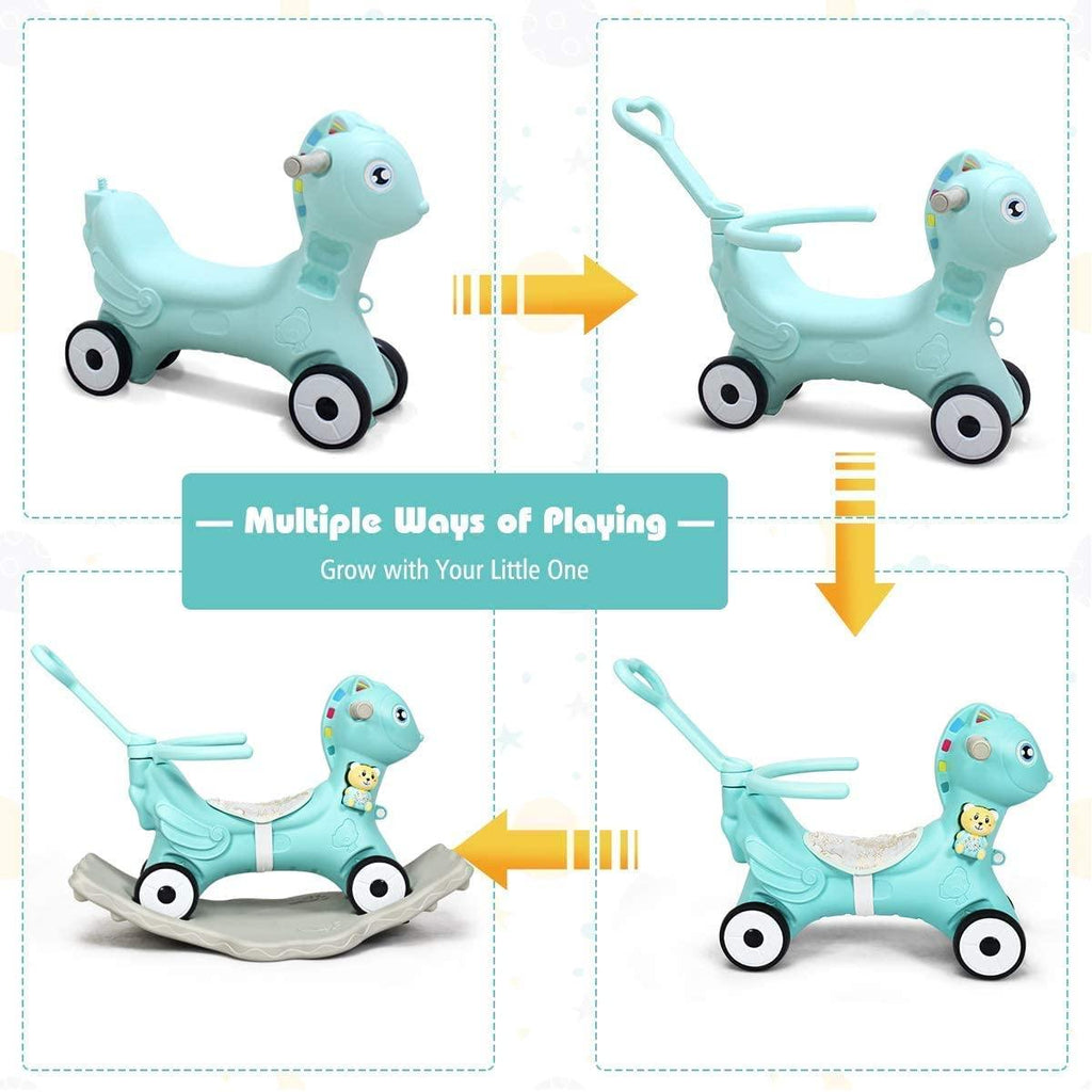 Costzon 4 in 1 Baby Rocking Horse, Ride on Push Car, Push and Ride Racer w/ Music, Green - costzon