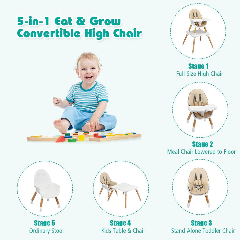 BABY JOY 5 in 1 High Chair, Baby Eat & Grow Convertible High Chair/Booster Seat/Toddler Chair & Table (Khaki) - costzon