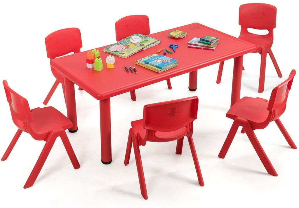 Costzon Kids Table and Chair Set, 6 Pcs Stackable Chairs, 47 x 23.5 Inch Rectangular Plastic Activity Table (Red) - costzon