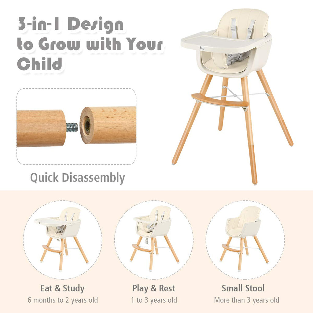 BABY JOY Convertible Baby High Chair, 3 in 1 Wooden Highchair/Booster/Chair with Removable Tray (Beige) - costzon