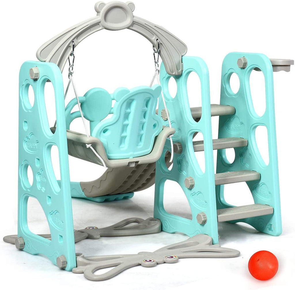 4 in 1 Toddler Climber and Swing Set, Kids Play Climber Slide Playset with Basketball Hoop - costzon