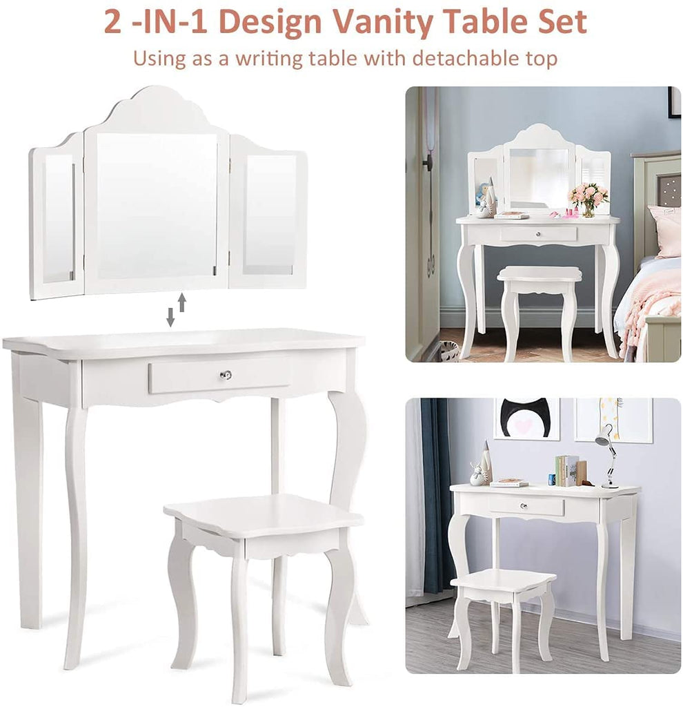 Kids Wooden Vanity Table & Stool Set - costzon