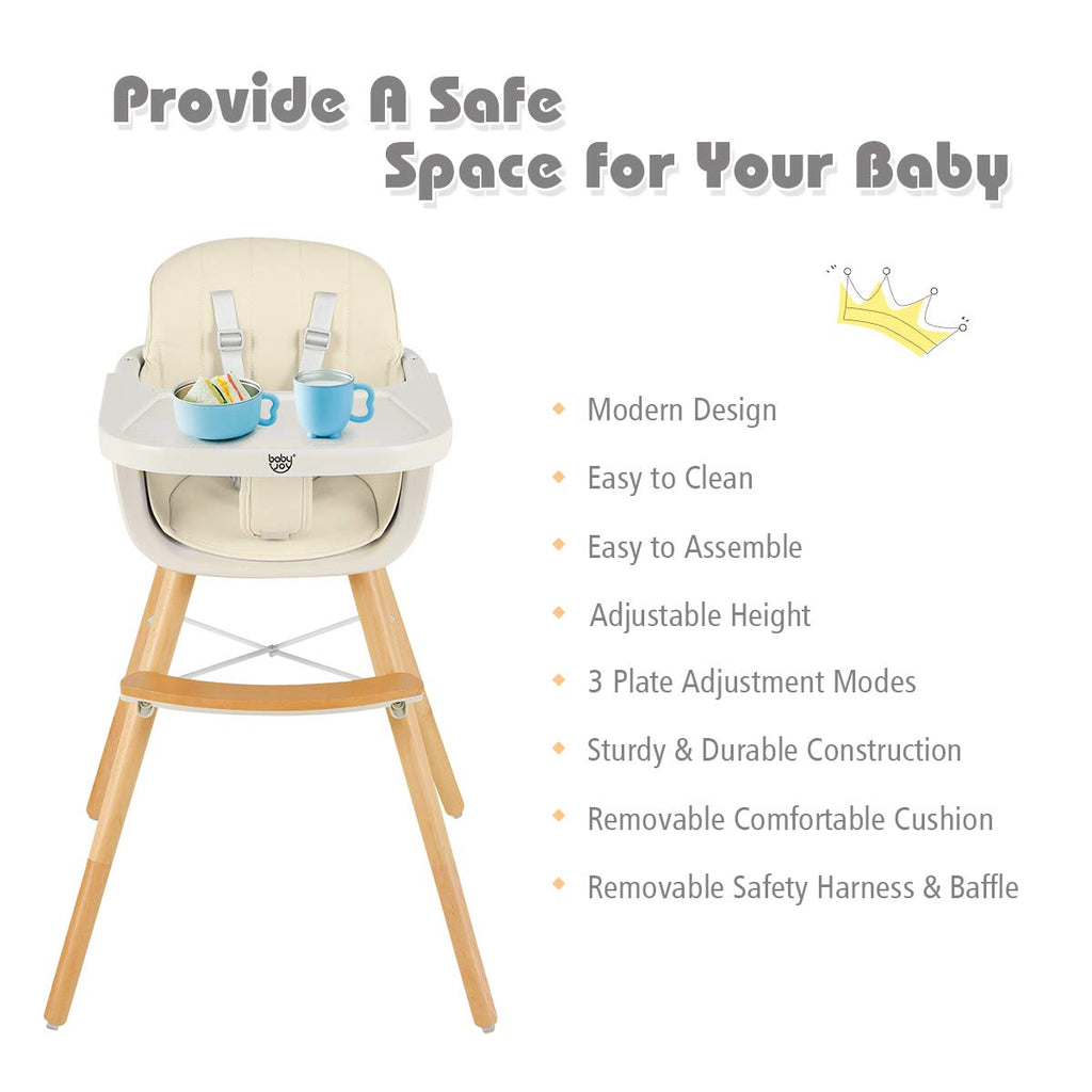 BABY JOY Convertible Baby High Chair, 3 in 1 Wooden Highchair/Booster/Chair with Removable Tray (Beige) - costzon