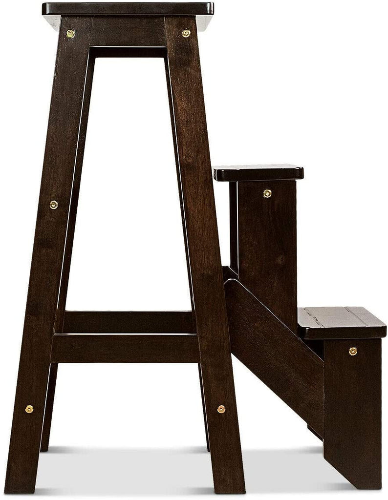 Folding Step Stool 3 Tier Wood Ladder, 3-in-1 Design with Ladder - costzon