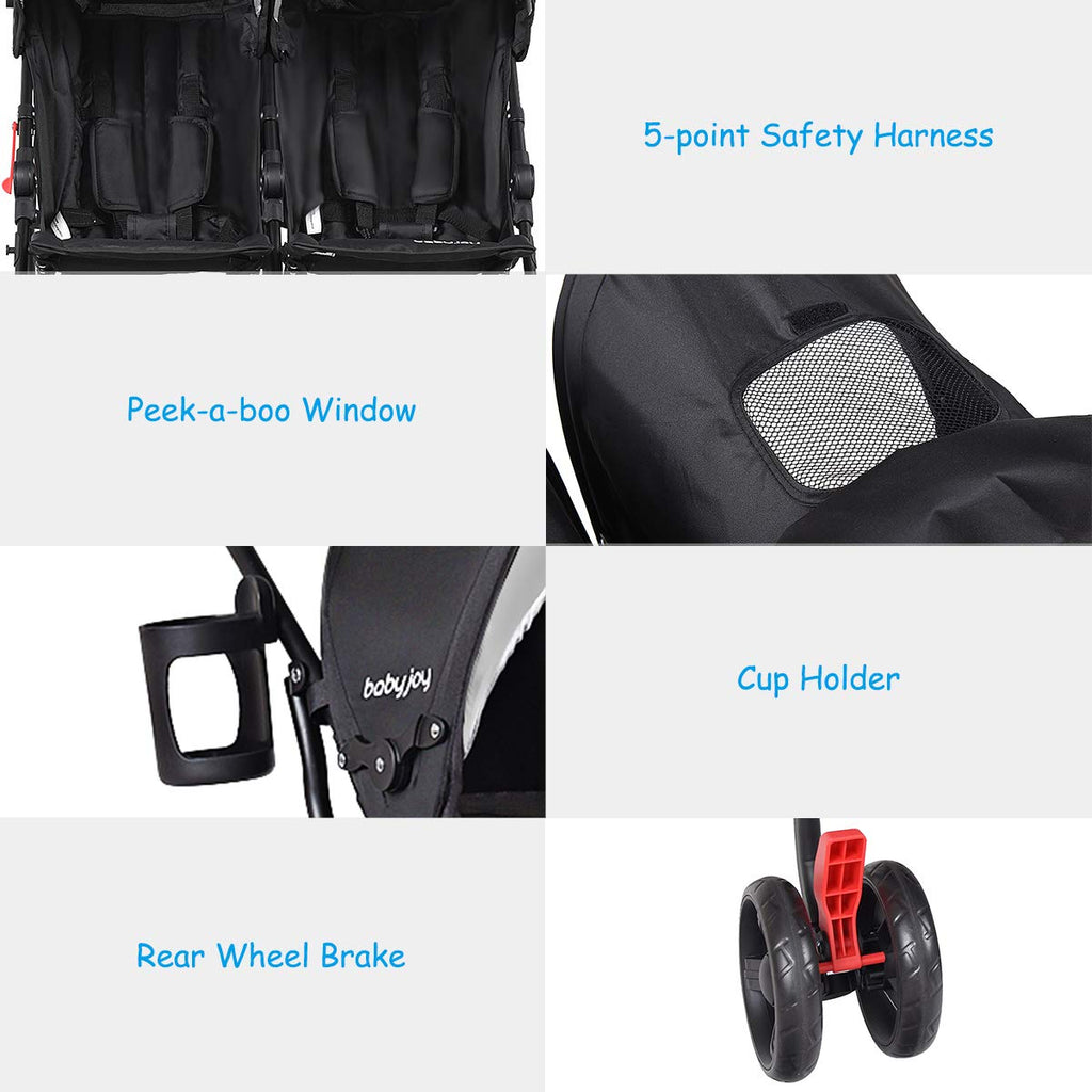 BABY JOY Double Light-Weight Stroller, Travel Foldable Design, Twin Umbrella Stroller with 5-Point Harness - costzon