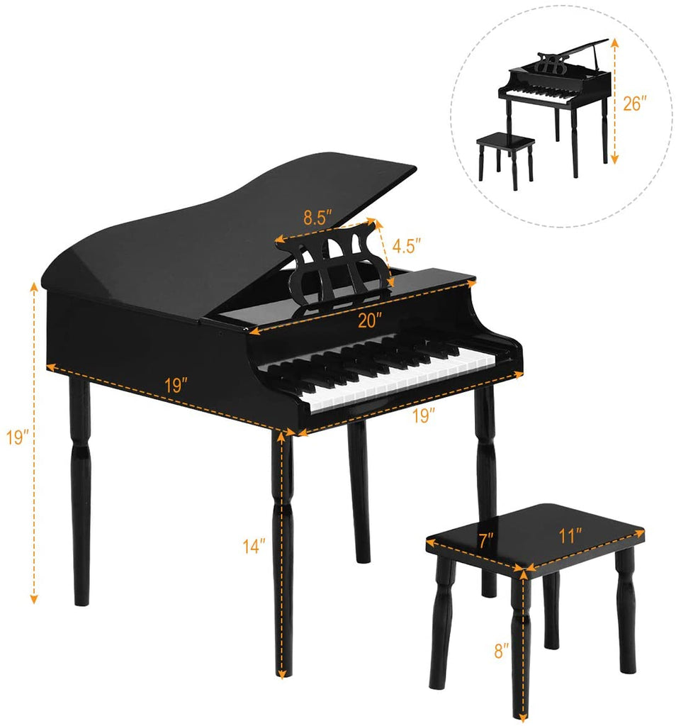 Costzon Classical Kids Piano, 30 Keys Wood Toy Grand Piano with Music Stand and Bench - costzon