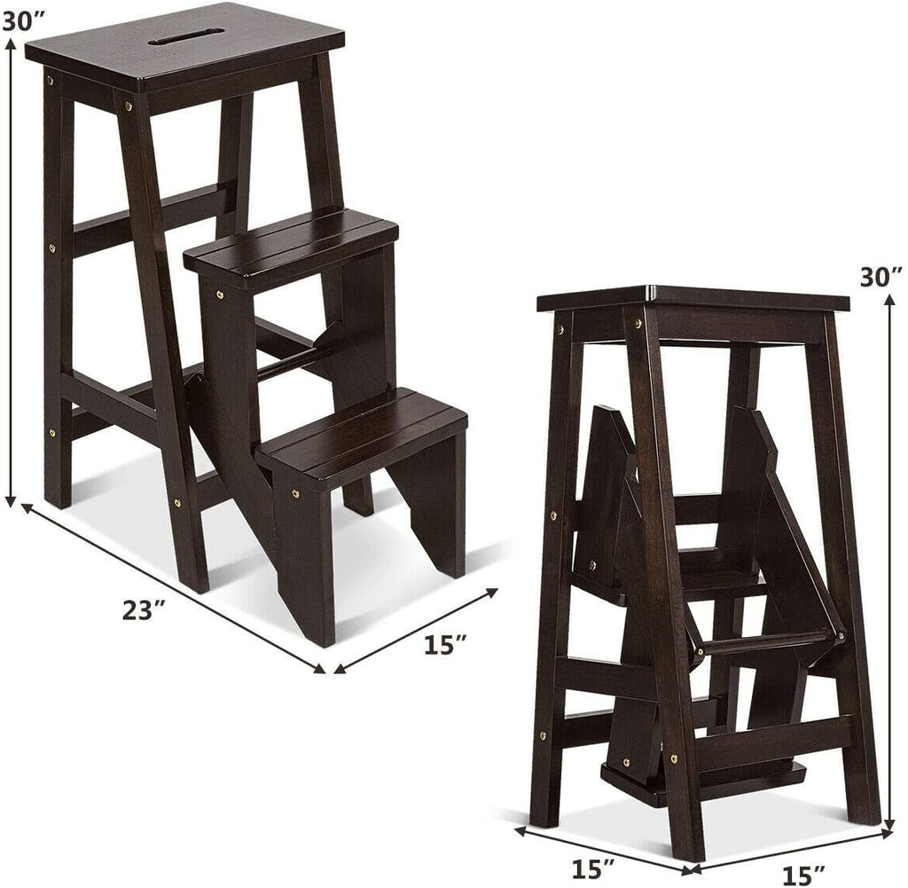 Folding Step Stool 3 Tier Wood Ladder, 3-in-1 Design with Ladder - costzon