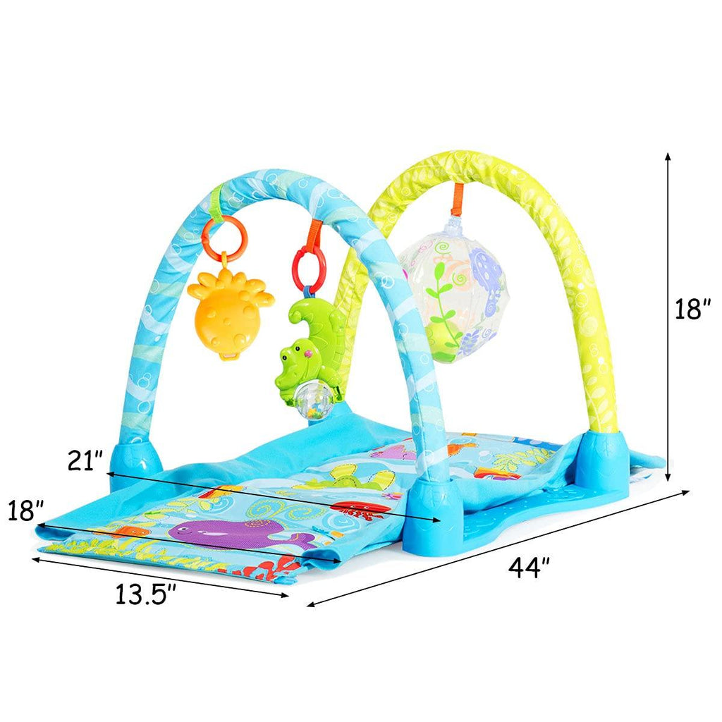 BABY JOY 4-in-1 Baby Play Gym Mat, Underwater World Baby Explore Crawling Tunnel with Steady Frame and 3 Hanging Toys - costzon