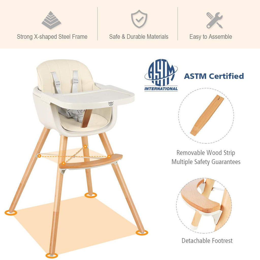 BABY JOY Convertible Baby High Chair, 3 in 1 Wooden Highchair/Booster/Chair with Removable Tray (Beige) - costzon