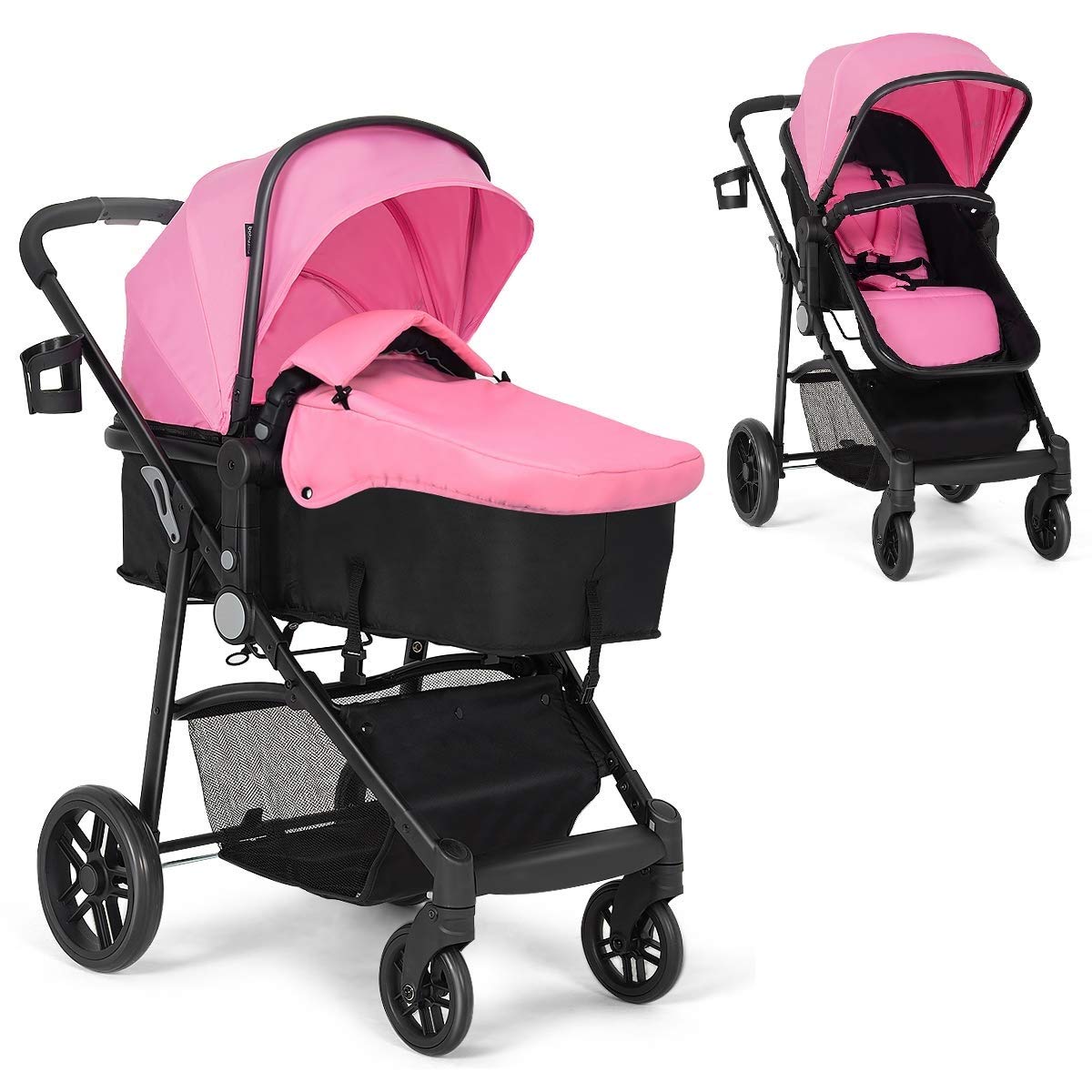 2 in 1 baby stroller BABY JOY BABY Stroller, 2 in 1 Convertible Carriage Stroller, Pink
