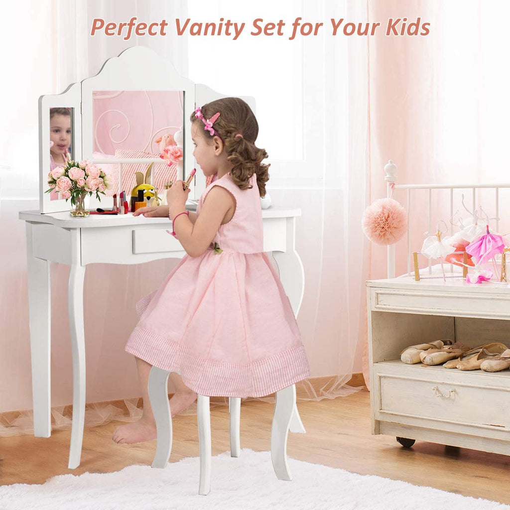 Kids Wooden Vanity Table & Stool Set - costzon