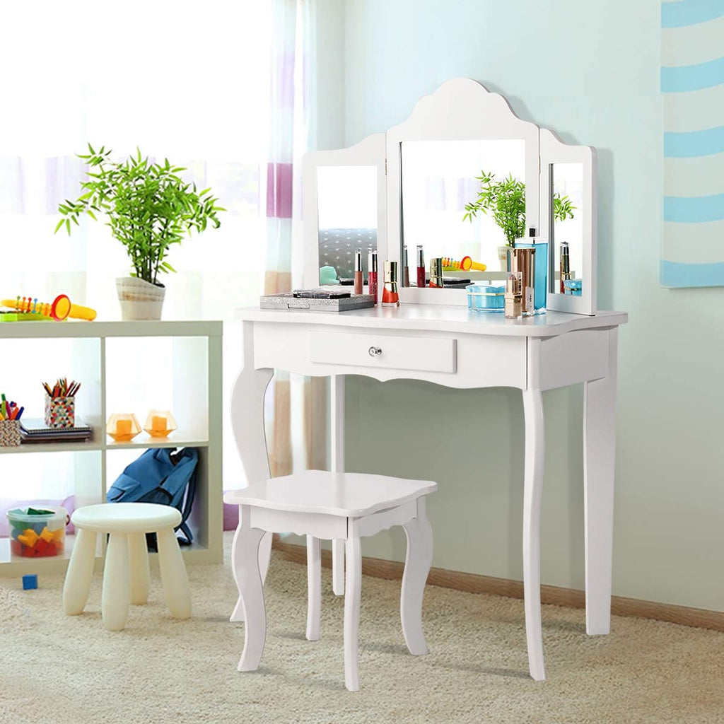 Kids Wooden Vanity Table & Stool Set - costzon