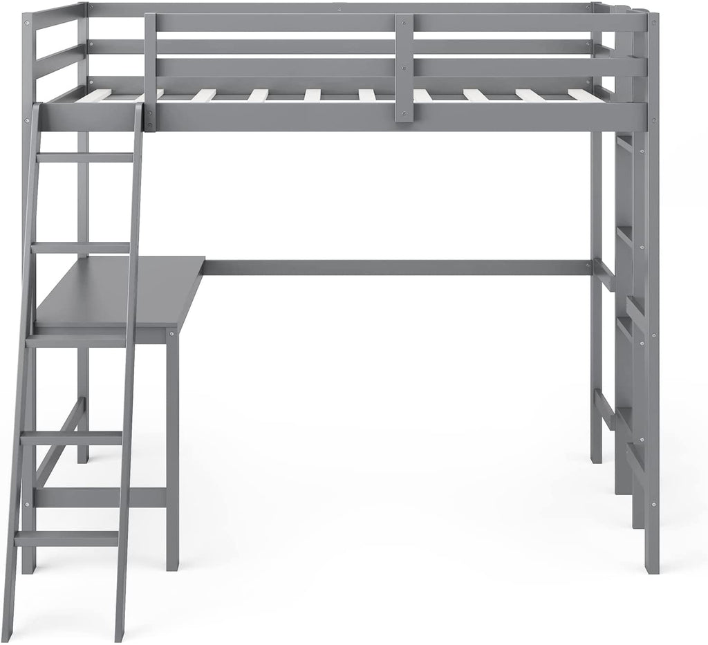 Wooden loft bunk bed with built-in desk and ladder, gray finish