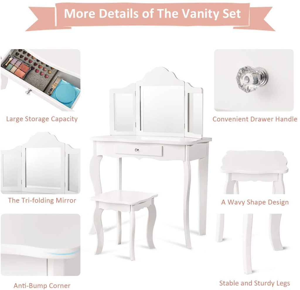 Kids Wooden Vanity Table & Stool Set - costzon