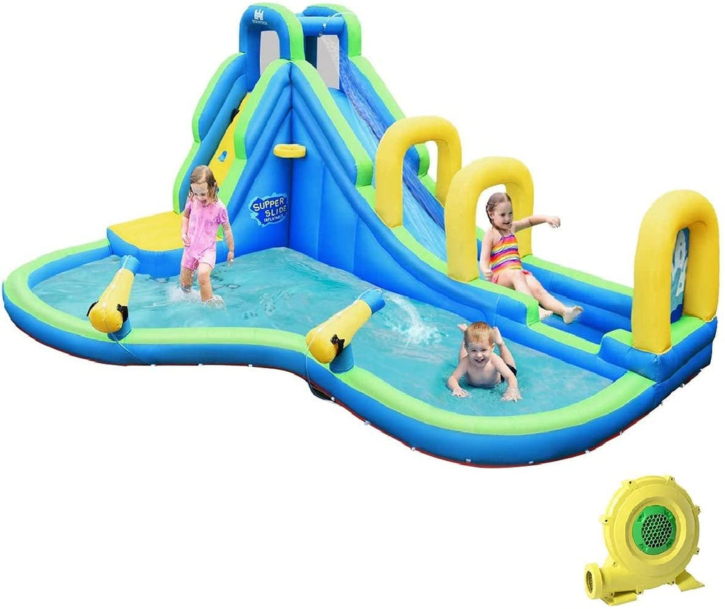 BOUNTECH Inflatable Water Slide, Long Slide Bouncer Park w/Climbing Wall, Splashing Pool - costzon