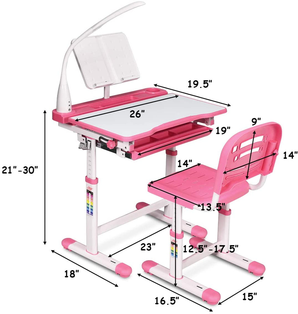 Baby Joy Kids Desk and Chair Set, Height Adjustable Child Desk Set w/LED Lamp, Bookstand, Tilt Desktop, Metal Hook - costzon