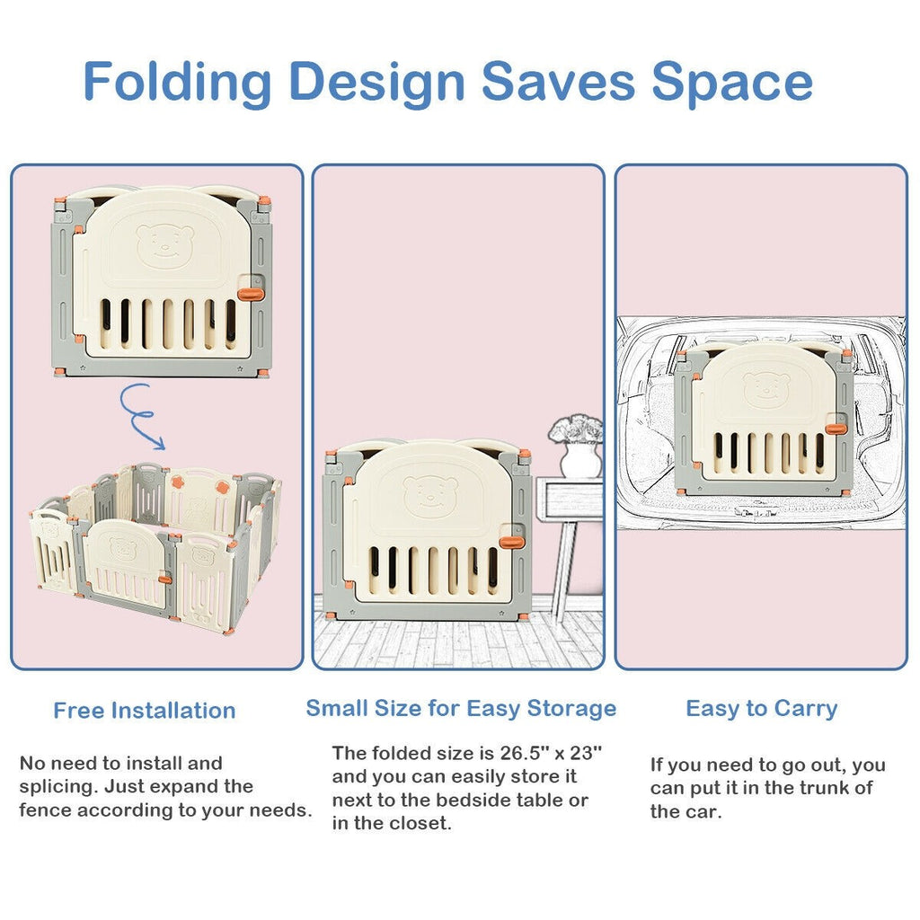 Costzon Baby Playpen, 14-Panel Foldable Kids Safety Activity Center Playard w/Locking Gate (Beige + Gray) - costzon