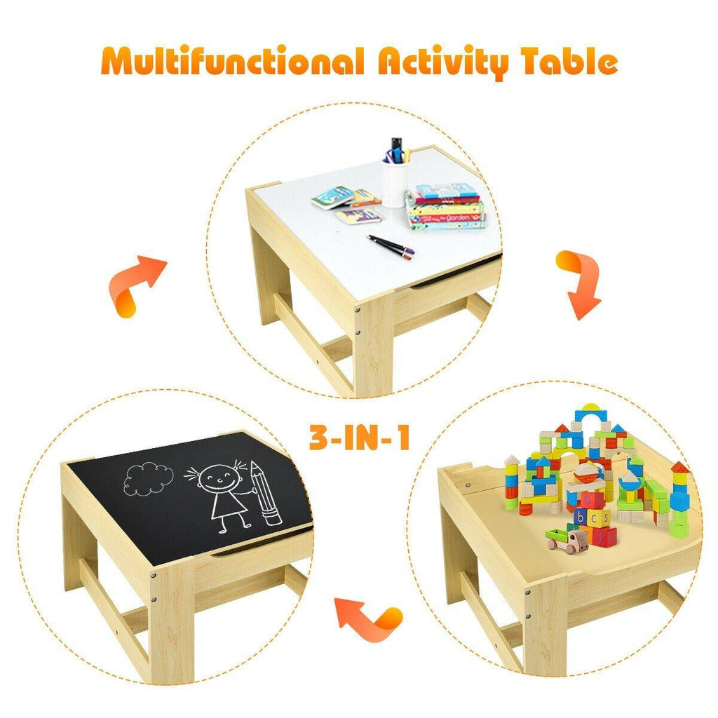 3 in 1 Kids Wood Table & 2 Chair Set, Children Activity Table Desk Sets - costzon