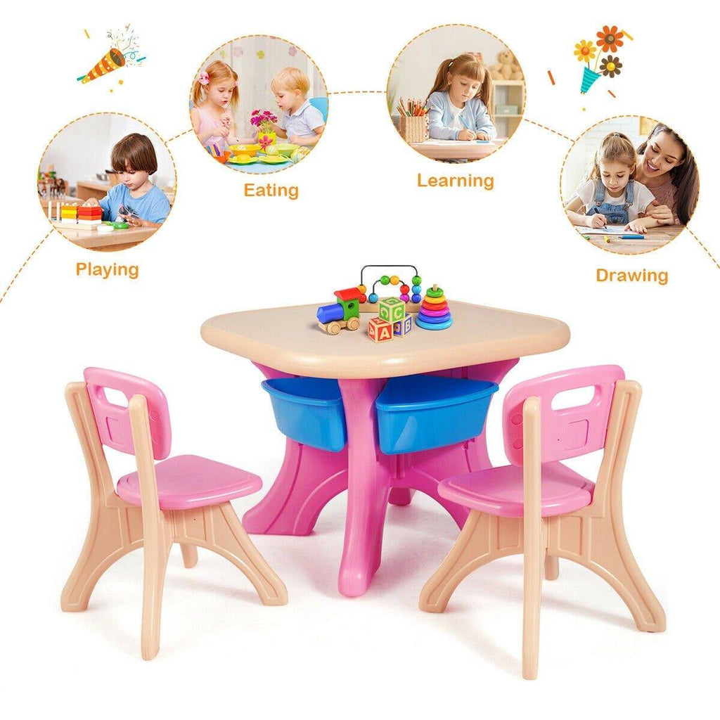 3 Piece Activity Table w/Detachable Toy Storage Bins & 2 Chairs for Children Reading Art Craft, Pink - costzon