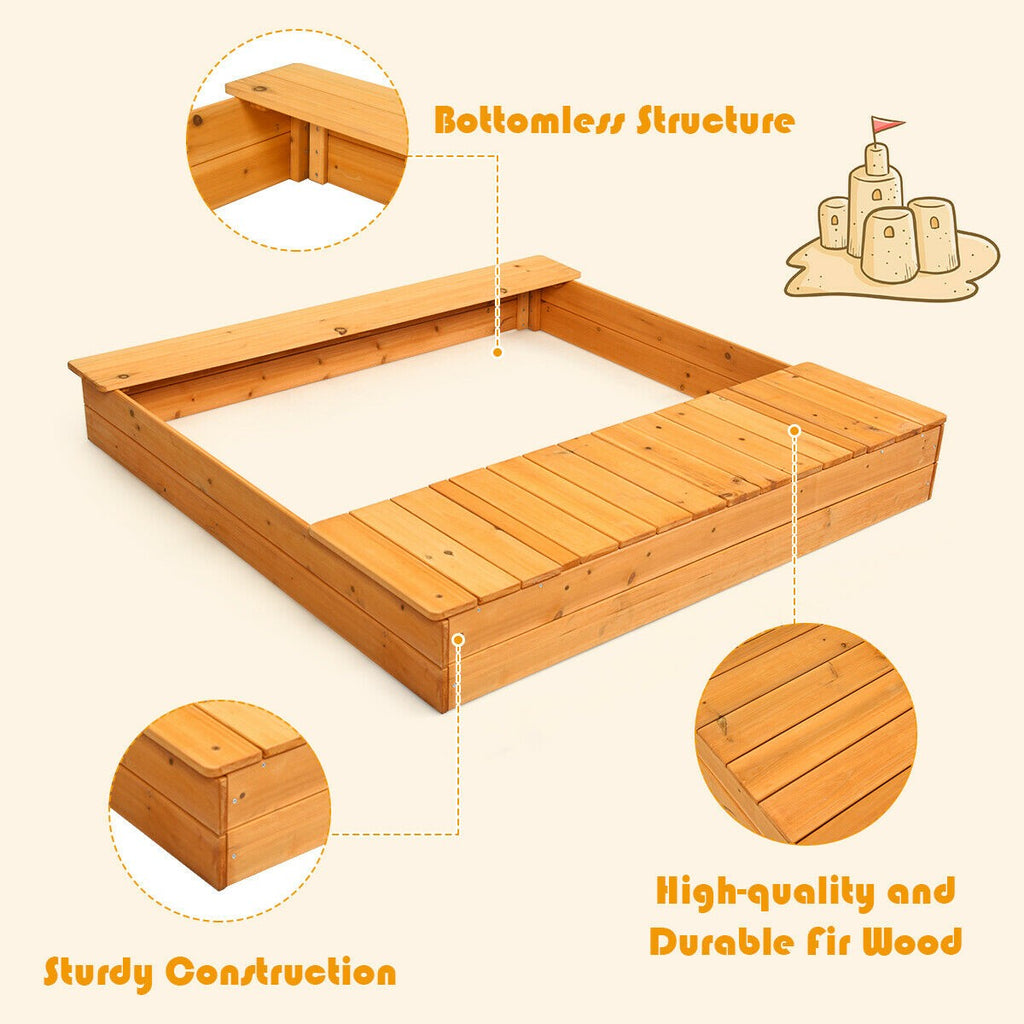 Kids Wooden Sandbox with Bench Seats & Storage Boxes - costzon