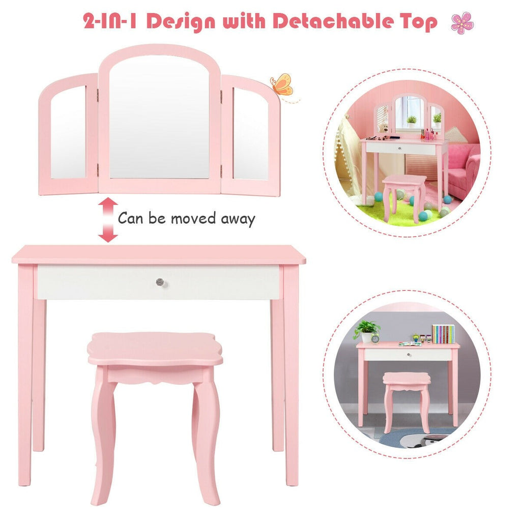 Costzon Kids Vanity Table, 2-in-1 Vanity Set with Detachable Top, Pretend Beauty Play Vanity Set for Girls - costzon