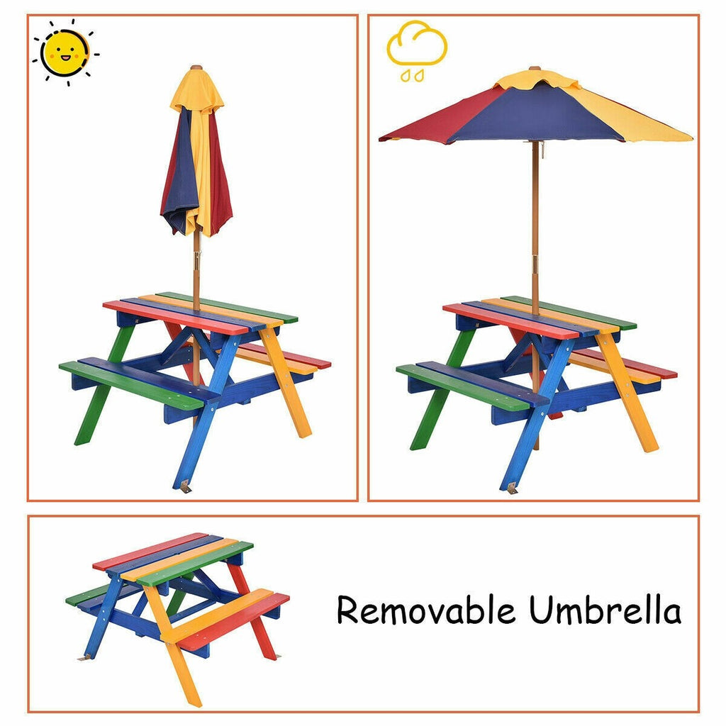 Kids Picnic Table Set, Wood Table and Bench Set with Removable & Foldable Umbrella - costzon