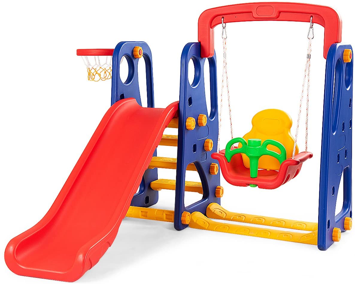 Costzon Toddler Climber and Swing Set 4 in 1 Climber Slide Playset w Basketball Hoop 3 in 1 Slide Swing Set