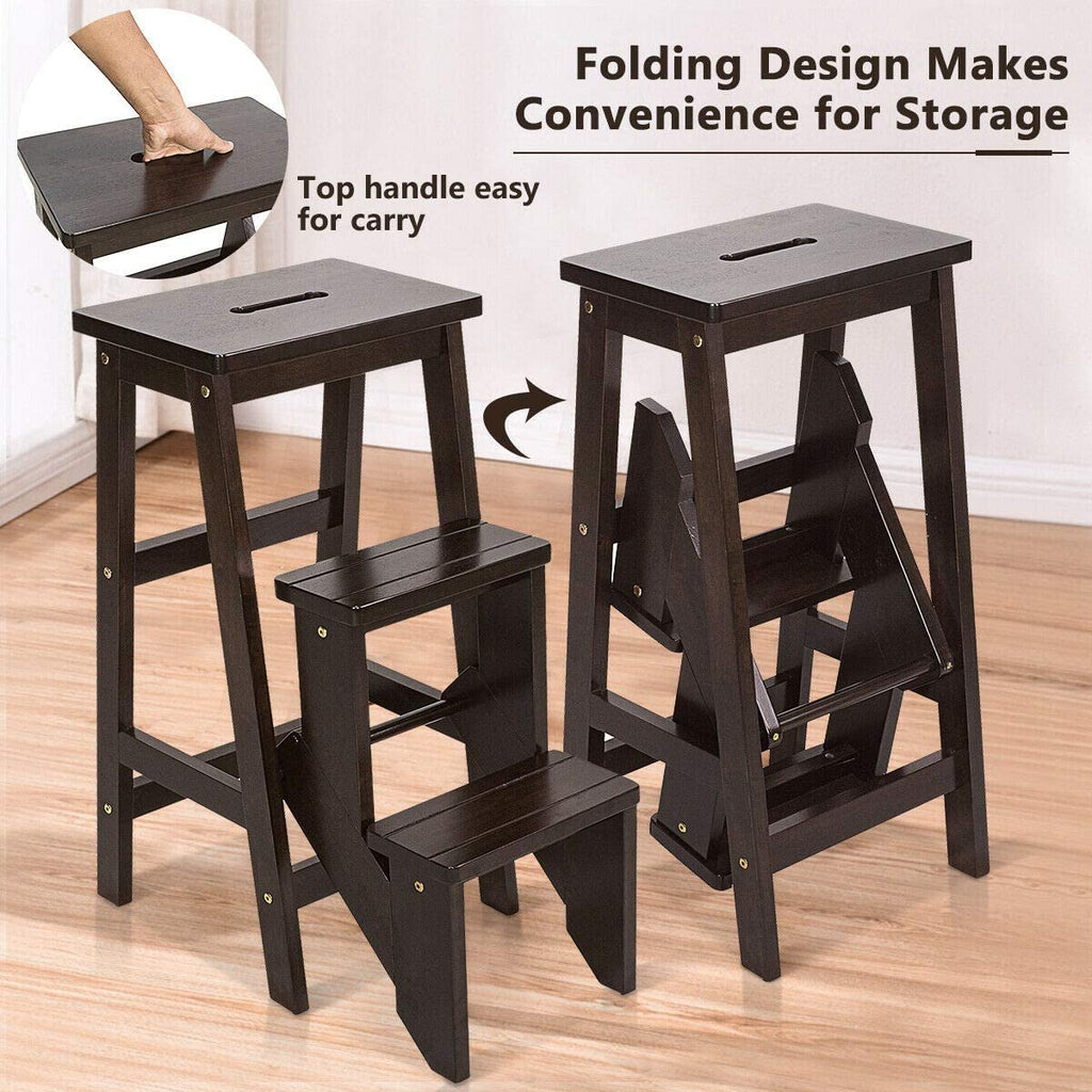 Folding Step Stool 3 Tier Wood Ladder, 3-in-1 Design with Ladder - costzon