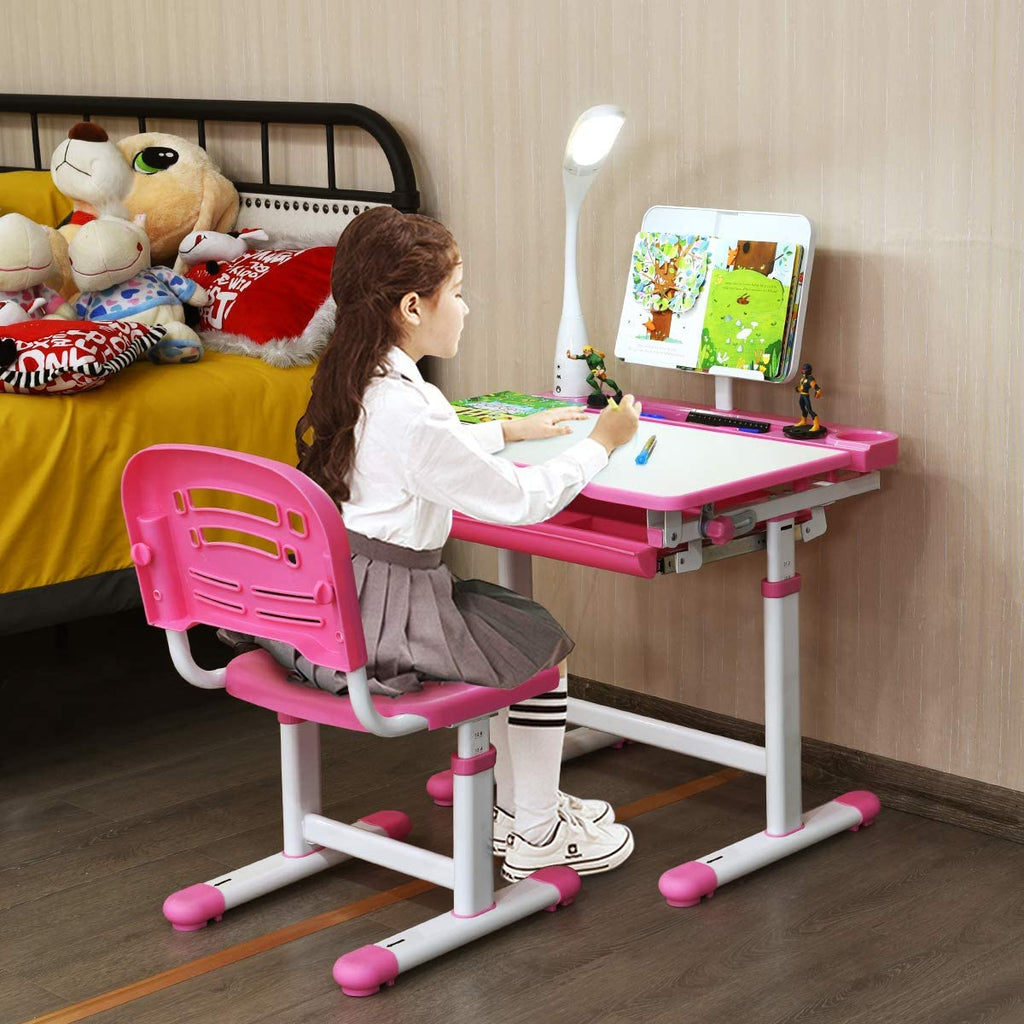 Baby Joy Kids Desk and Chair Set, Height Adjustable Child Desk Set w/LED Lamp, Bookstand, Tilt Desktop, Metal Hook - costzon