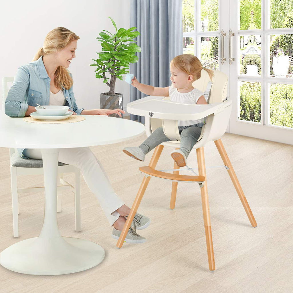 BABY JOY Convertible Baby High Chair, 3 in 1 Wooden Highchair/Booster/Chair with Removable Tray (Beige) - costzon