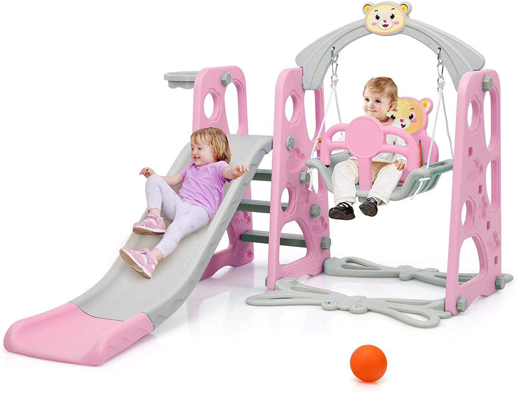 4 in 1 Toddler Climber and Swing Set, Kids Play Climber Slide Playset with Basketball Hoop - costzon