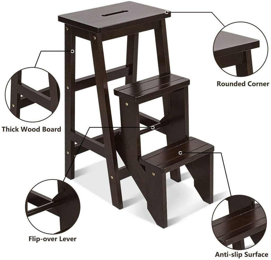 Folding Step Stool 3 Tier Wood Ladder, 3-in-1 Design with Ladder - costzon