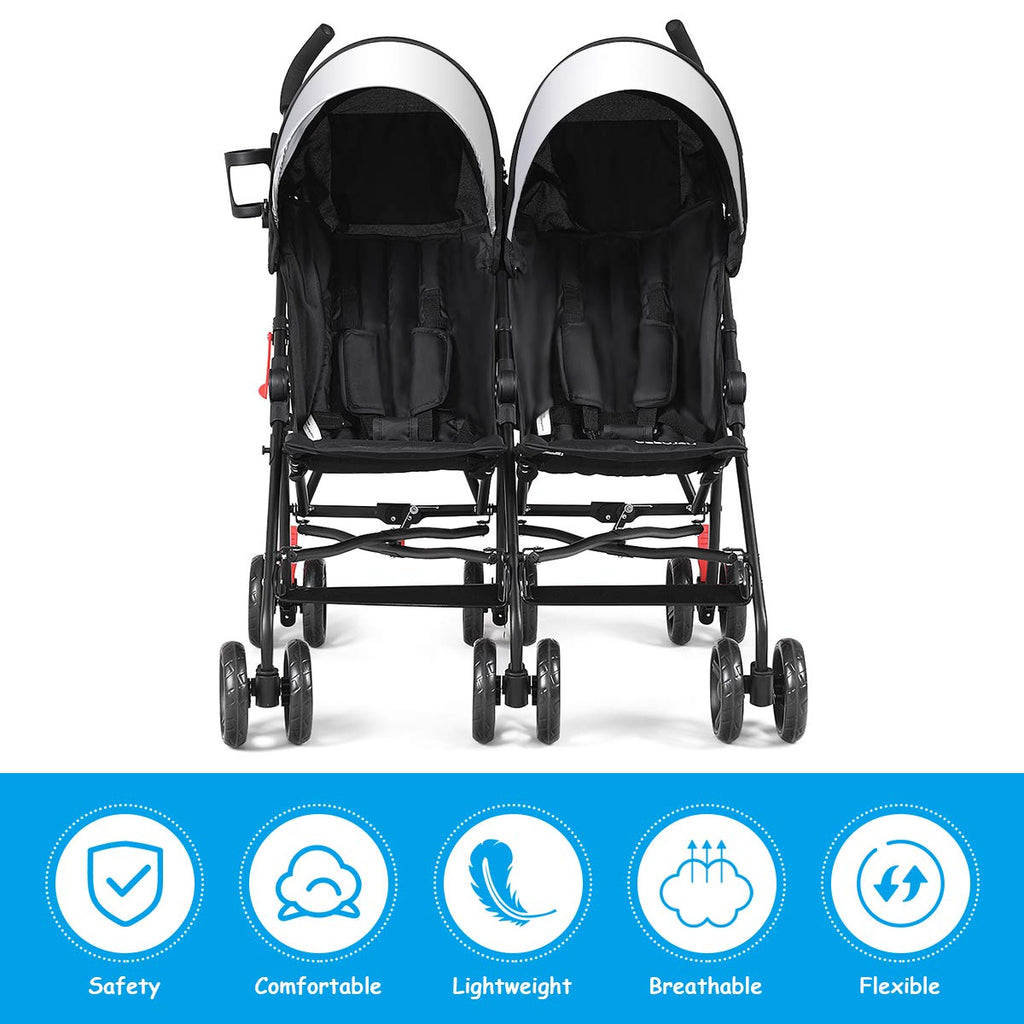 BABY JOY Double Light-Weight Stroller, Travel Foldable Design, Twin Umbrella Stroller with 5-Point Harness - costzon
