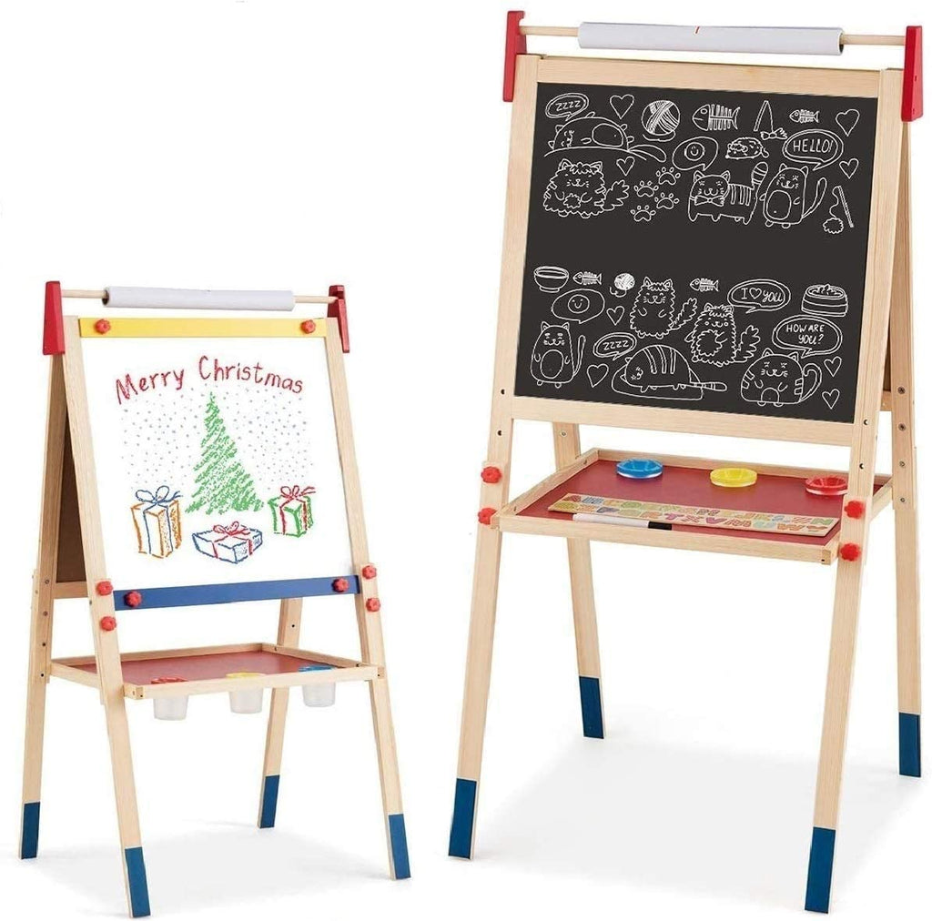 Costzon 3 in 1 Kids Art Easel with Paper Roll, Double Sided Adjustable Chalkboard & White Dry Erase with 4 Drawing Board Clips - costzon