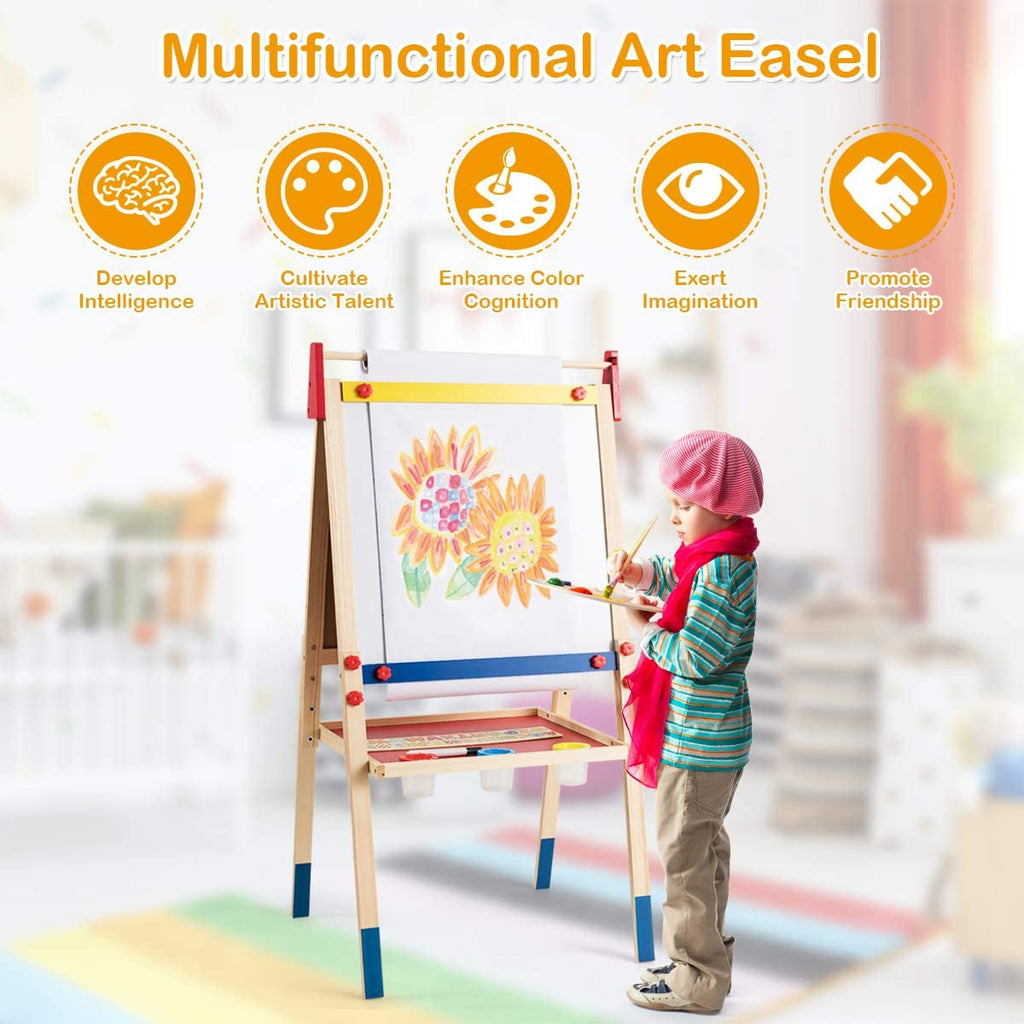 Costzon 3 in 1 Kids Art Easel with Paper Roll, Double Sided Adjustable Chalkboard & White Dry Erase with 4 Drawing Board Clips - costzon