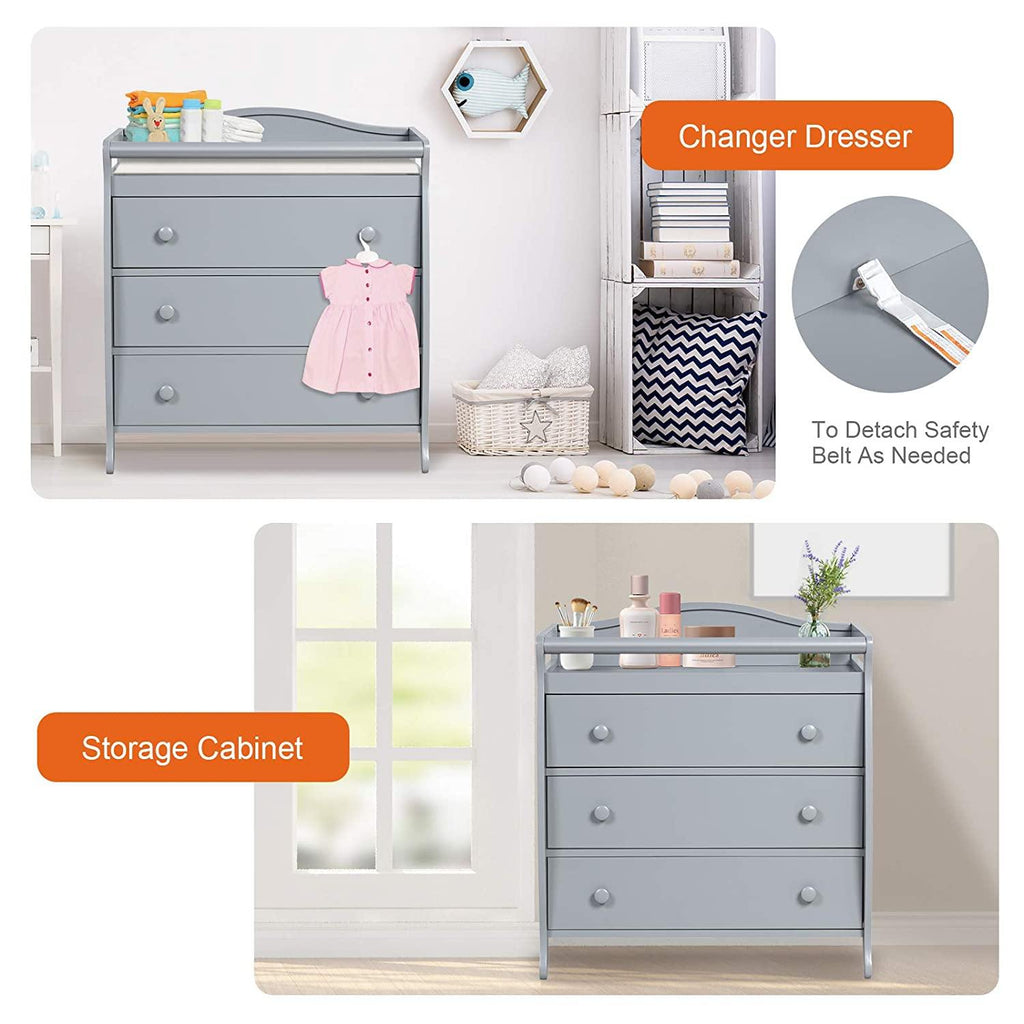 Costzon 3 Drawer Baby Changing Table, Infant Diaper Changing Station with Safety Belt & Enclosed Guardrails (Gray) - costzon